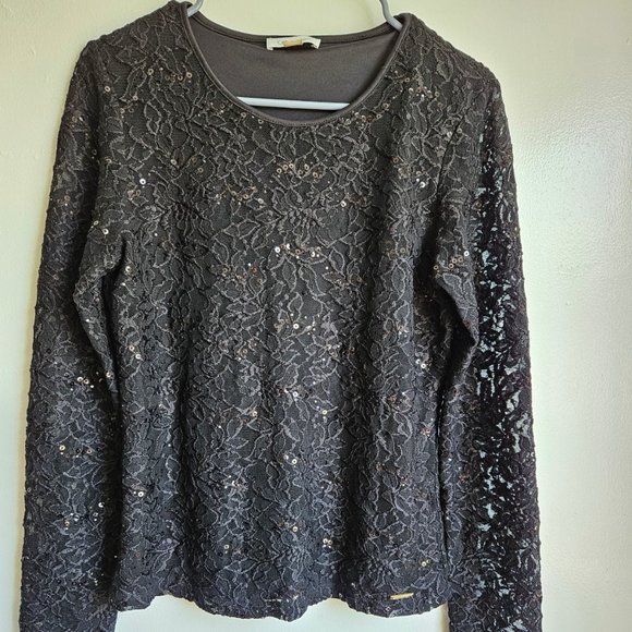 Calvin Klein Black Elegant Long Sleeve Sequin Blouse Top Size Small - Picture 1 of 4